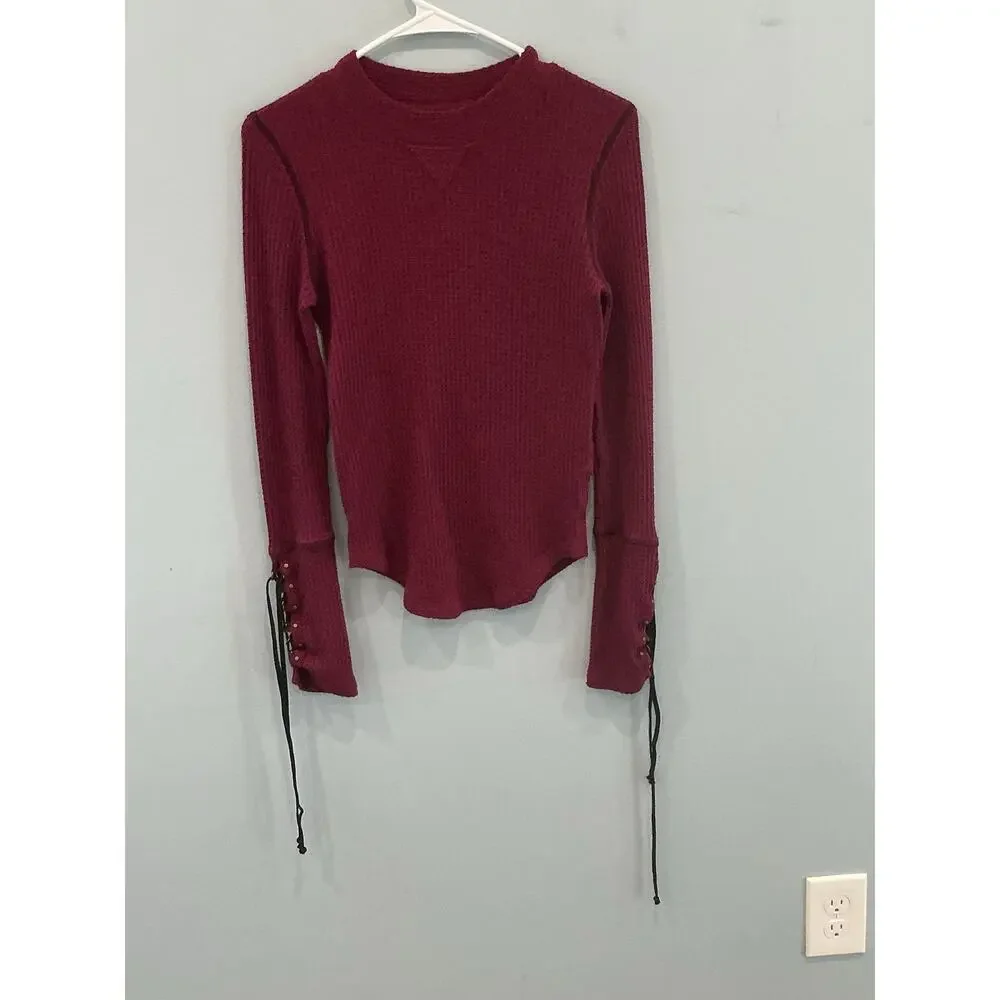 Free People Mountaineer Cuff Thermal Waffle Knit Top S Western Festival‎ Pirate